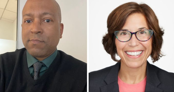 headshots of two people; a man in a sweater and a tie and a woman in a blazer and glasses