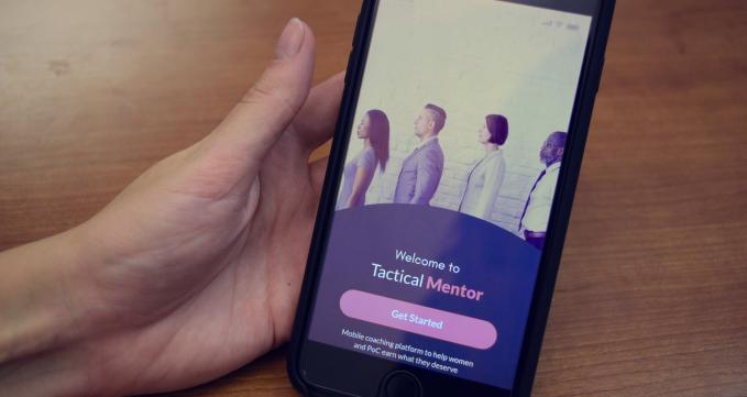 Front page of the new app: "Welcome to Tactical Mentor: Mobile coaching platform to help women and PoC earn what they deserve"