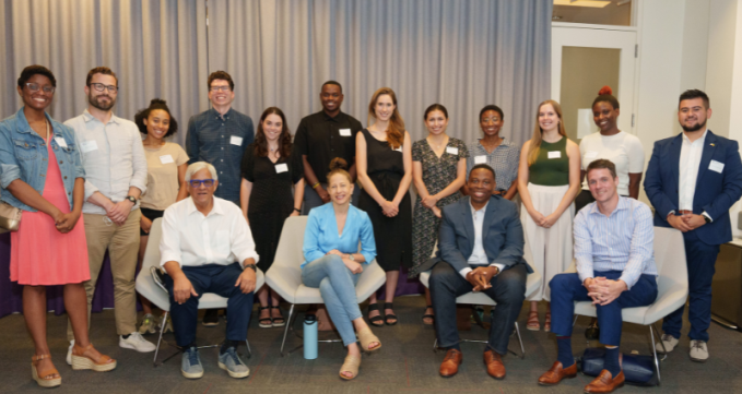 Bloomberg Public Service Fellows and panelists, front row from left: Mitchell Moss, Sally Goldenberg, Jeff Mays, and Chris Coffey. @Myaskovsky: Courtesy of NYU Photo Bureau. 