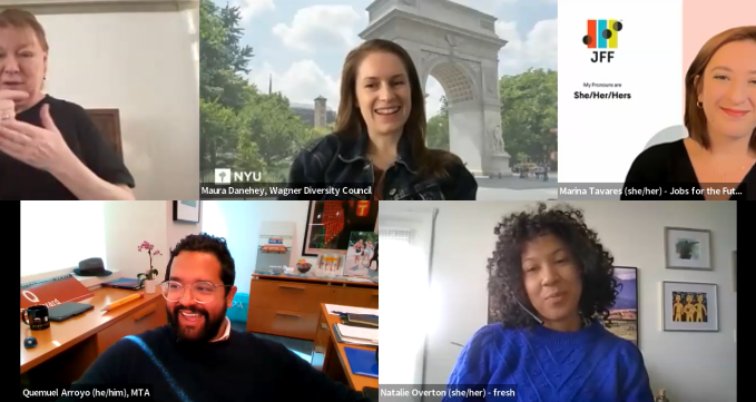 Zoom screenshot of panelists, moderator, and sign language interpreter, smiling at each other. 